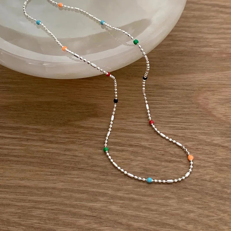 925 Silver Sterling Silver Necklace With Simple Geometric Multicolour Beads Choker Shiny Delicate Collarbone Chain For Women's