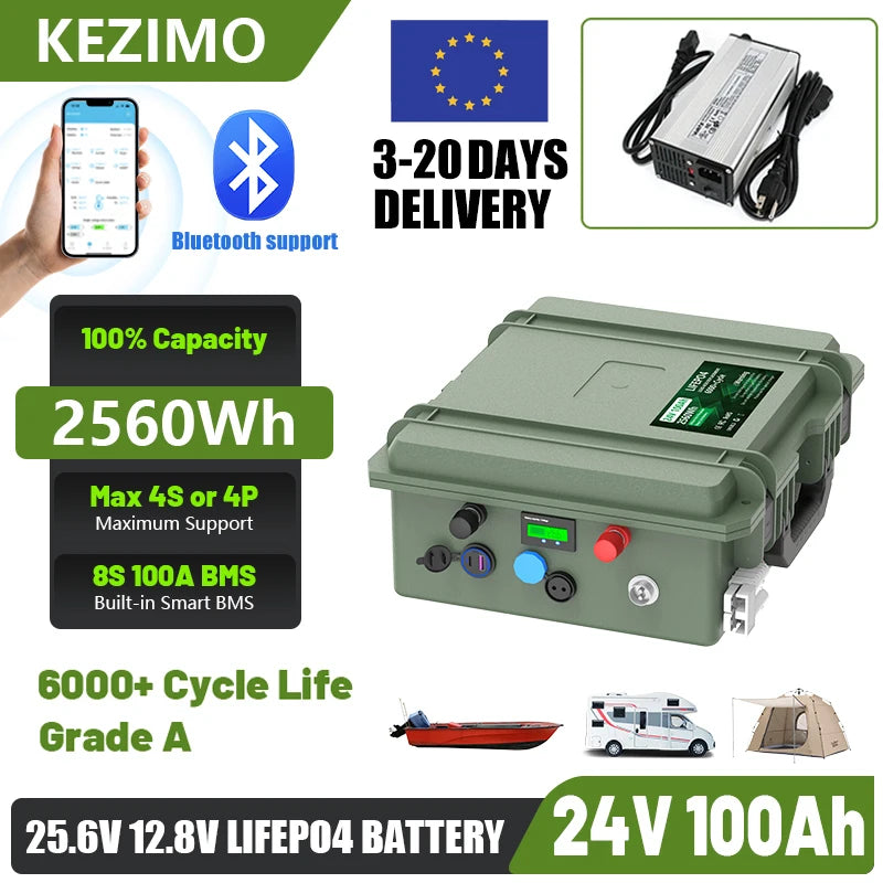 24V 12V 100Ah LiFePO4 Battery 2560Wh 140Ah 200Ah Lithium Battery Grade A Bluetooth BMS 6000+ Cycles IP56 USB QC Charge EU Stock