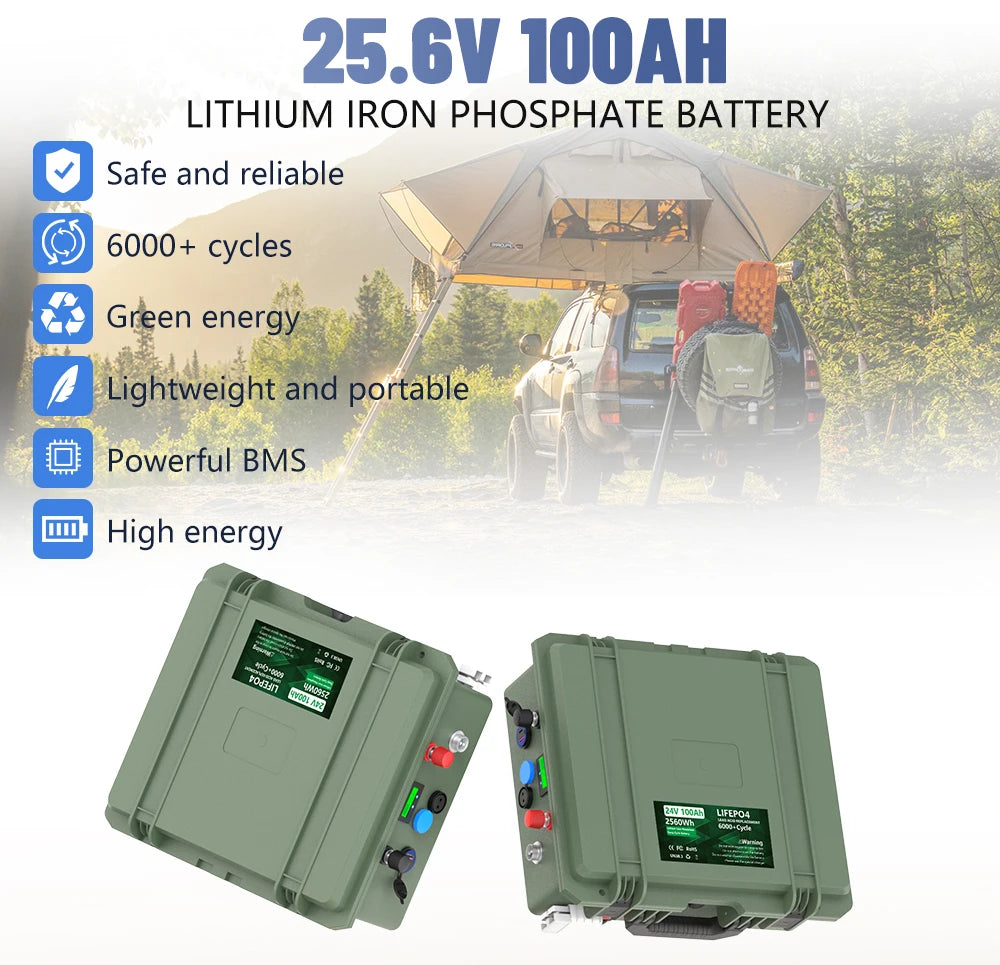 24V 12V 100Ah LiFePO4 Battery 2560Wh 140Ah 200Ah Lithium Battery Grade A Bluetooth BMS 6000+ Cycles IP56 USB QC Charge EU Stock