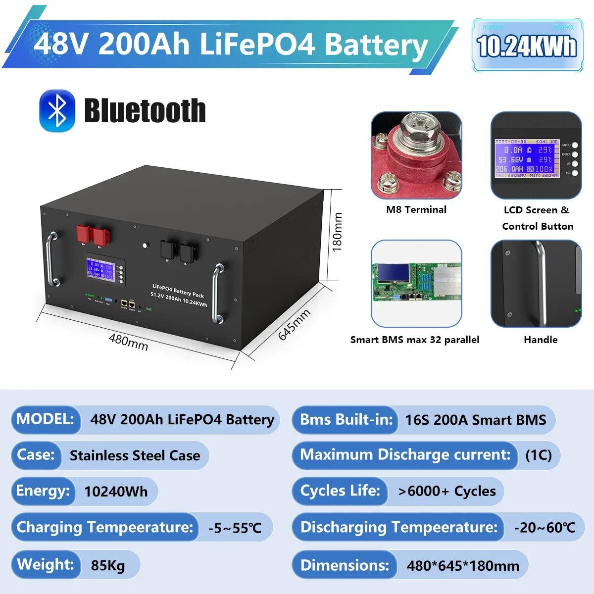 LiFePO4 Battery 48V 300Ah 15Kwh 6000+ Cycles Bluetooth BMS 100Ah 120Ah 150Ah 200Ah Home Solar Energy RV Lithium Battery EU STOCK