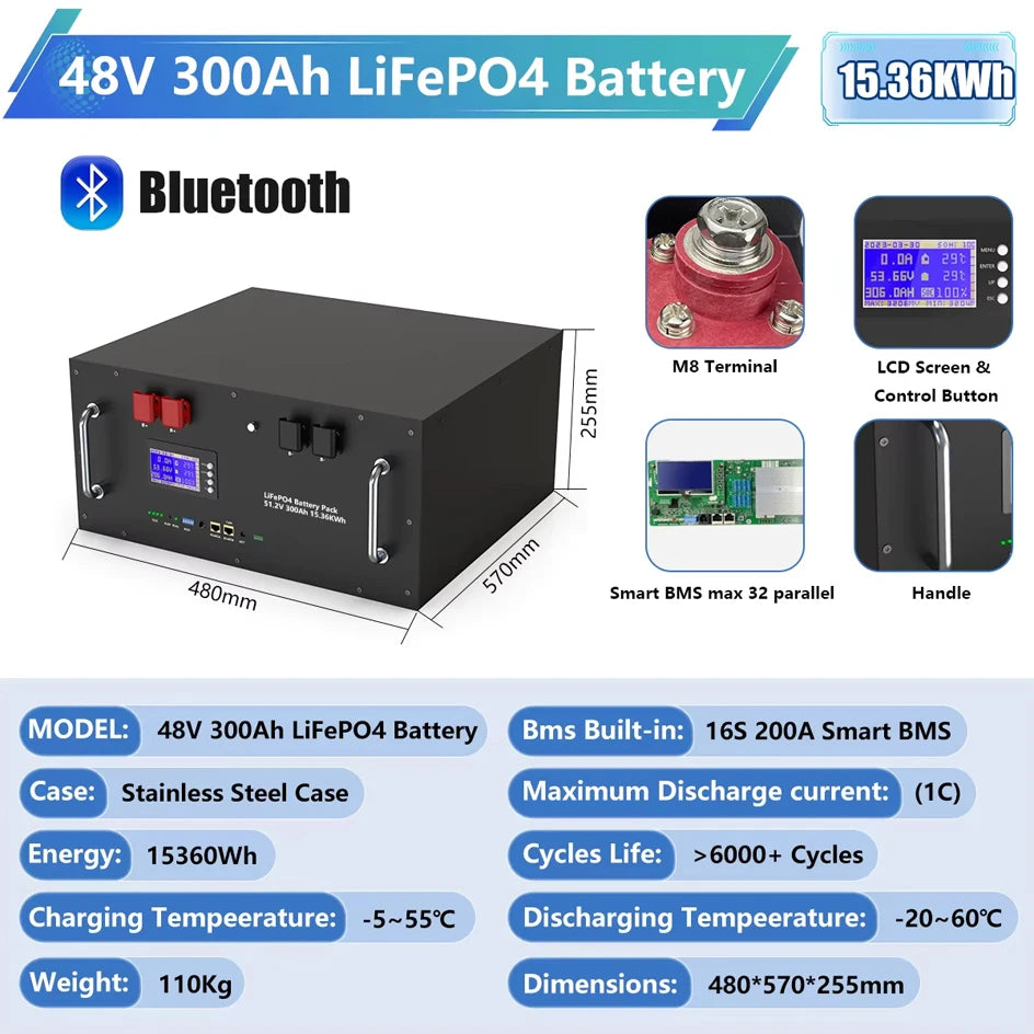 LiFePO4 Battery 48V 300Ah 15Kwh 6000+ Cycles Bluetooth BMS 100Ah 120Ah 150Ah 200Ah Home Solar Energy RV Lithium Battery EU STOCK
