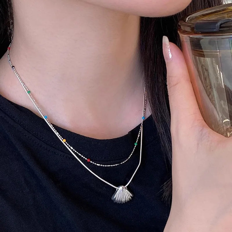 925 Silver Sterling Silver Necklace With Simple Geometric Multicolour Beads Choker Shiny Delicate Collarbone Chain For Women's