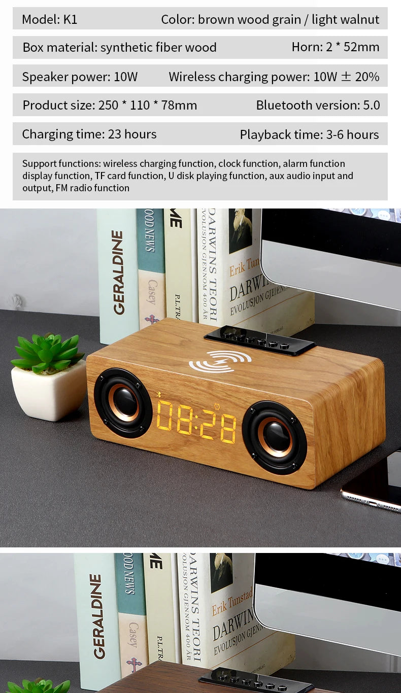 Fast Wireless Charger Wooden Wireless Bluetooth Speaker Alarm Clock with Subwoofer 3D Stereo Boombox Sound Bar for Computer TV