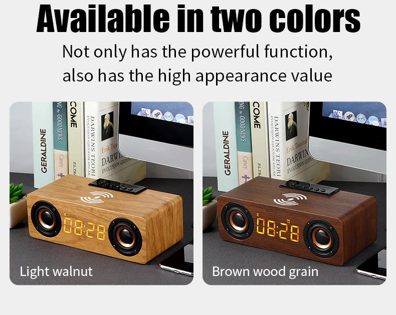 Fast Wireless Charger Wooden Wireless Bluetooth Speaker Alarm Clock with Subwoofer 3D Stereo Boombox Sound Bar for Computer TV