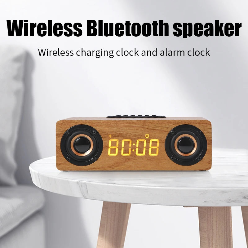 Fast Wireless Charger Wooden Wireless Bluetooth Speaker Alarm Clock with Subwoofer 3D Stereo Boombox Sound Bar for Computer TV