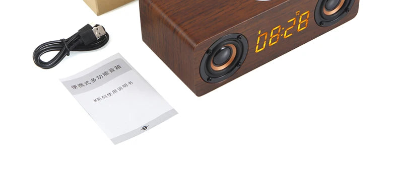 Fast Wireless Charger Wooden Wireless Bluetooth Speaker Alarm Clock with Subwoofer 3D Stereo Boombox Sound Bar for Computer TV