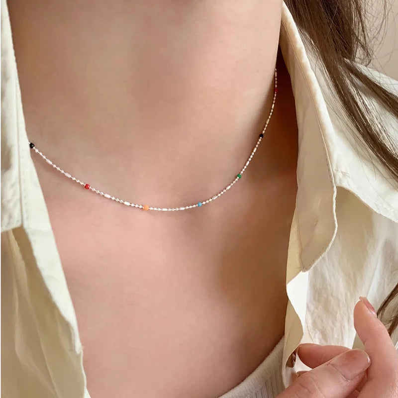 925 Silver Sterling Silver Necklace With Simple Geometric Multicolour Beads Choker Shiny Delicate Collarbone Chain For Women's