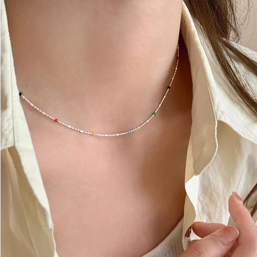 925 Silver Sterling Silver Necklace With Simple Geometric Multicolour Beads Choker Shiny Delicate Collarbone Chain For Women's