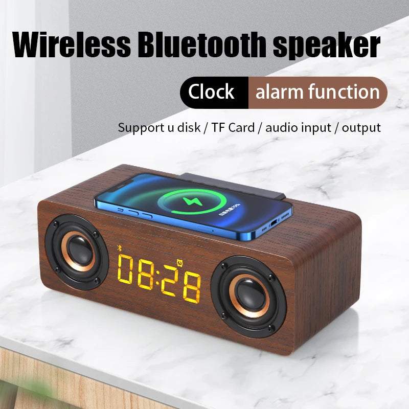 Fast Wireless Charger Wooden Wireless Bluetooth Speaker Alarm Clock with Subwoofer 3D Stereo Boombox Sound Bar for Computer TV