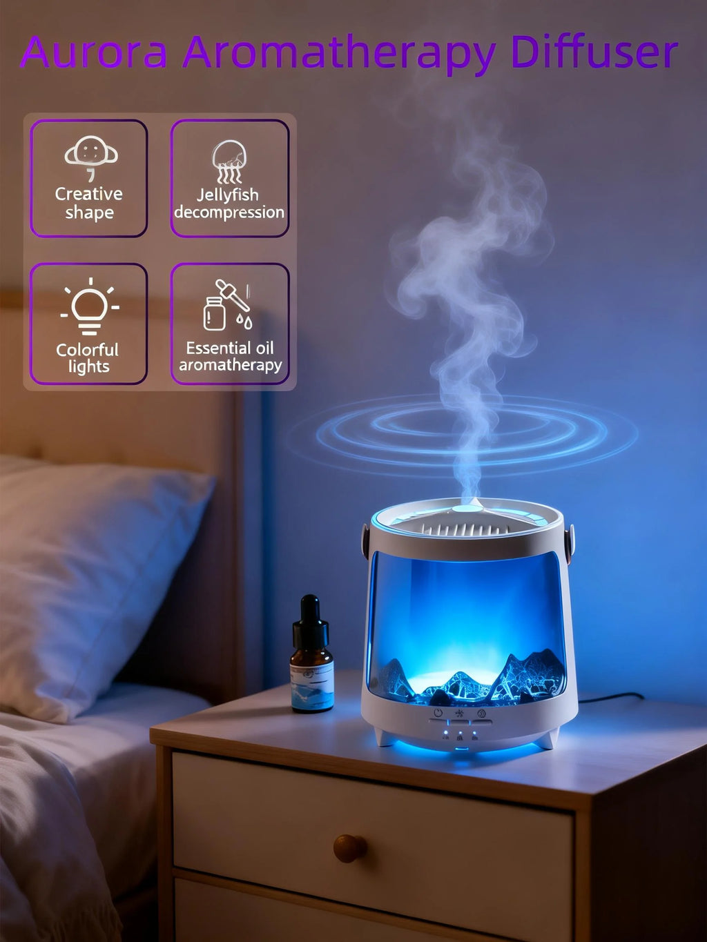 Aurora Jellyfish Humidifier Essential Oil Diffuser Flame Aroma Diffuser Ultrasonic Cool Mist Maker Fogger LED Night Light