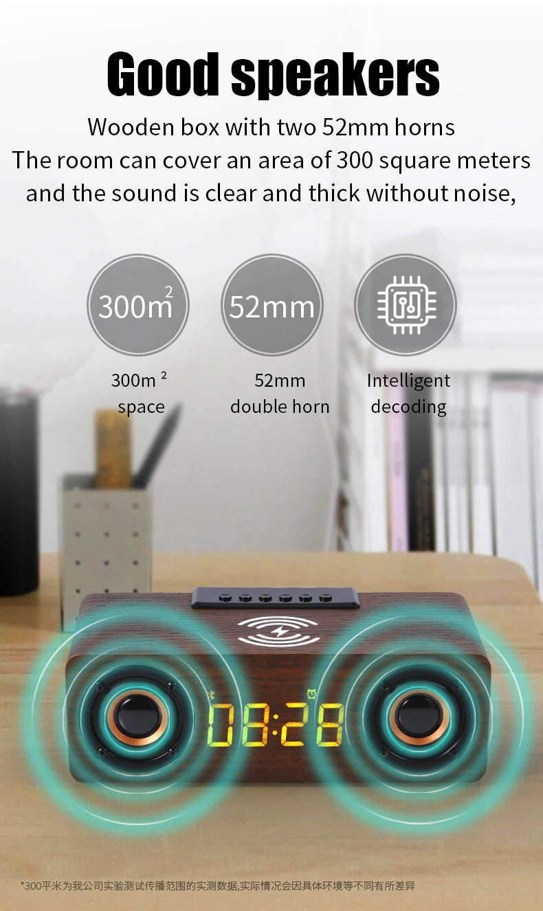 Fast Wireless Charger Wooden Wireless Bluetooth Speaker Alarm Clock with Subwoofer 3D Stereo Boombox Sound Bar for Computer TV