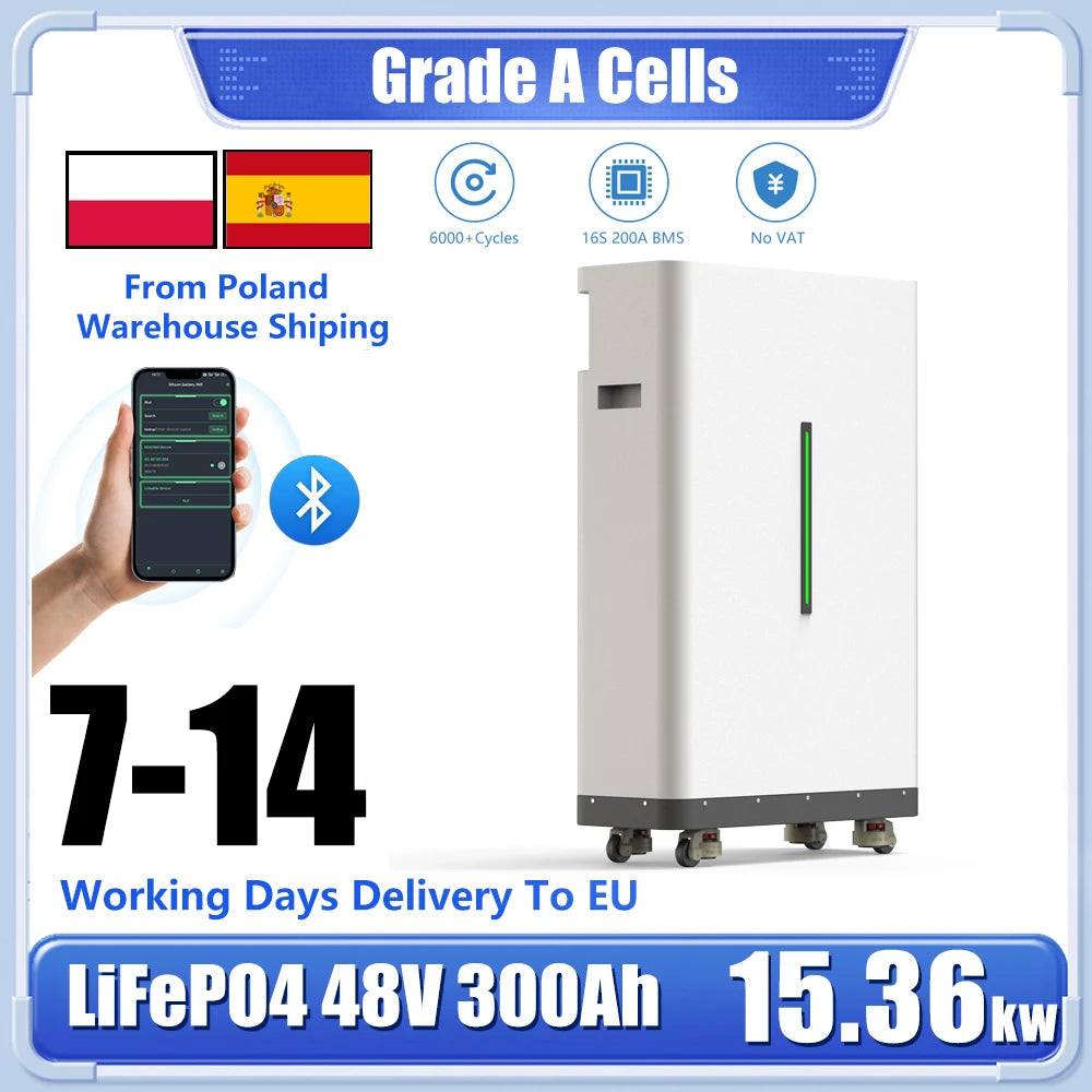 LiFePO4 Battery 48V 300Ah 15KW 51.2V 100Ah 600Ah Grade A Cells 10000+Cycles Bluetooth BMS CAN RS485 Built-in Equalizer EU No Tax