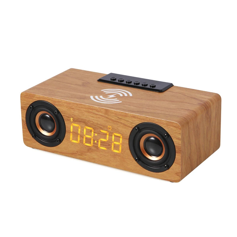 Fast Wireless Charger Wooden Wireless Bluetooth Speaker Alarm Clock with Subwoofer 3D Stereo Boombox Sound Bar for Computer TV