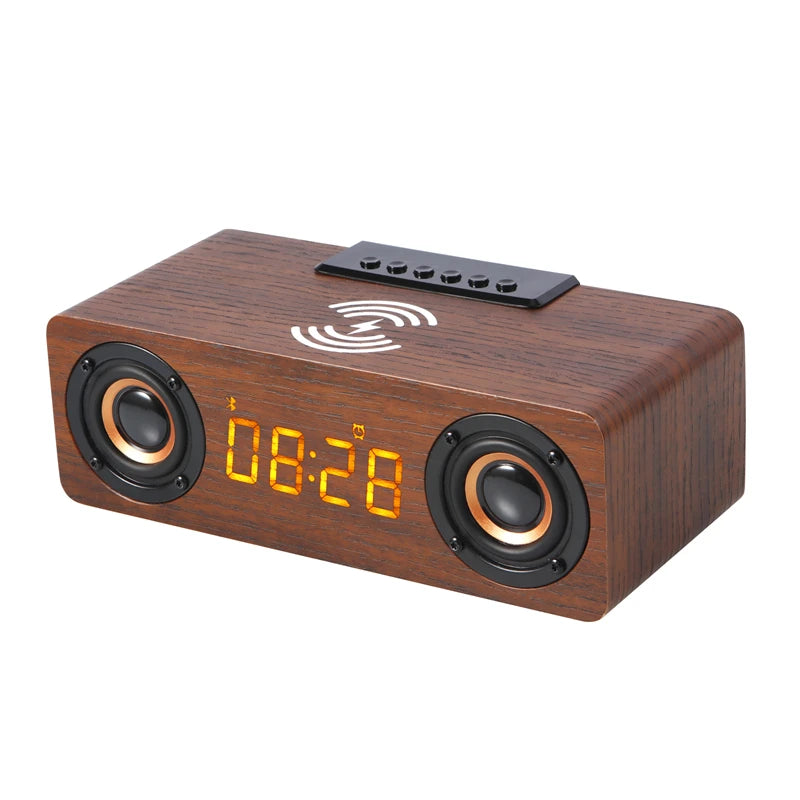 Fast Wireless Charger Wooden Wireless Bluetooth Speaker Alarm Clock with Subwoofer 3D Stereo Boombox Sound Bar for Computer TV