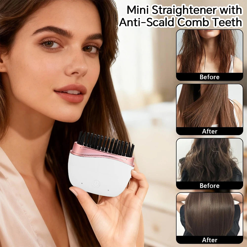 Mini Straightener USB Rechargeable Hair Straightener Brush - Anti-Scald Shell, Cordless Straightening Comb for Smooth Hairstyle