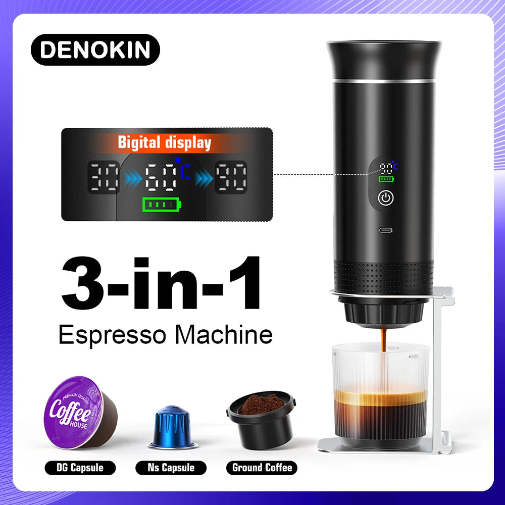 DENOKIN Portable Espresso Coffee Machine With Digital Display 3-in-1 Capsule Coffee Maker for Car & Home Camping Coffee Maker