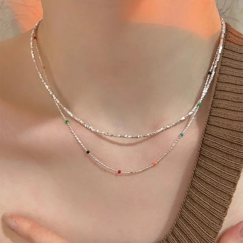 925 Silver Sterling Silver Necklace With Simple Geometric Multicolour Beads Choker Shiny Delicate Collarbone Chain For Women's