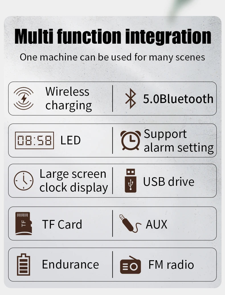 Fast Wireless Charger Wooden Wireless Bluetooth Speaker Alarm Clock with Subwoofer 3D Stereo Boombox Sound Bar for Computer TV
