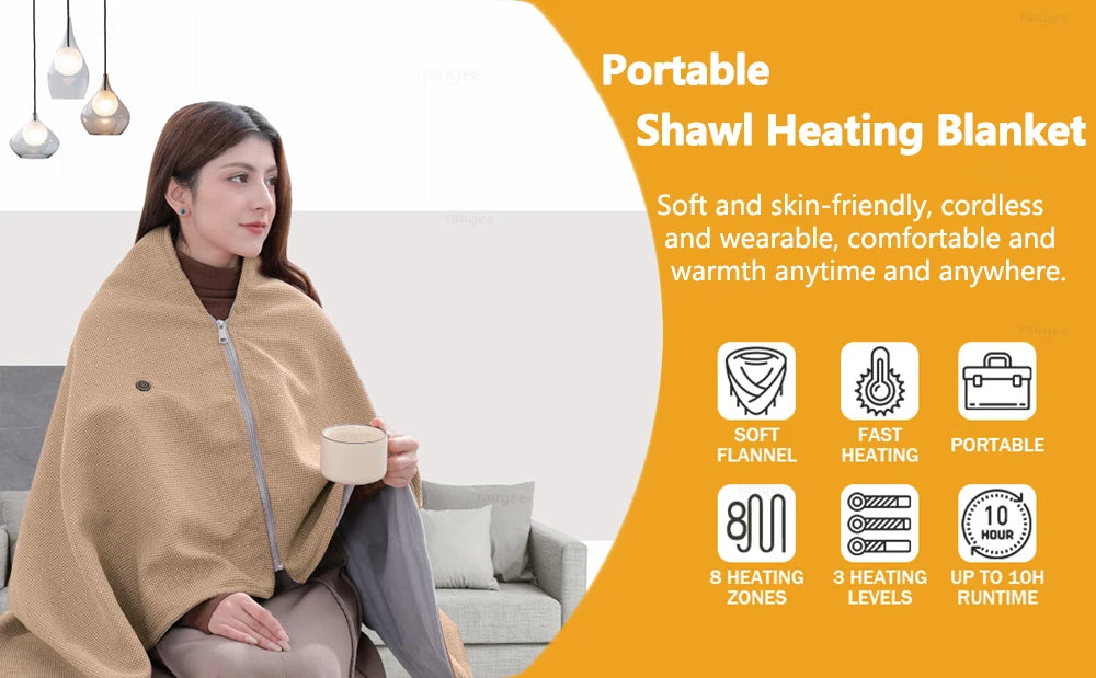 Heated Blanket USB Wearable Electric Blanket Portable Warmer Blanket for Shoulder Electric Heating Shawl with 3 Tem Setting