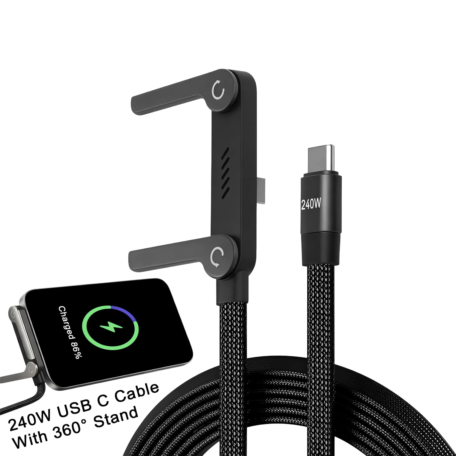 New 240w Cable Charger with Built-in Phone Stand 2-in-1 Fast Charging Cord Sideways Phone Charger for Smartphones Tablets