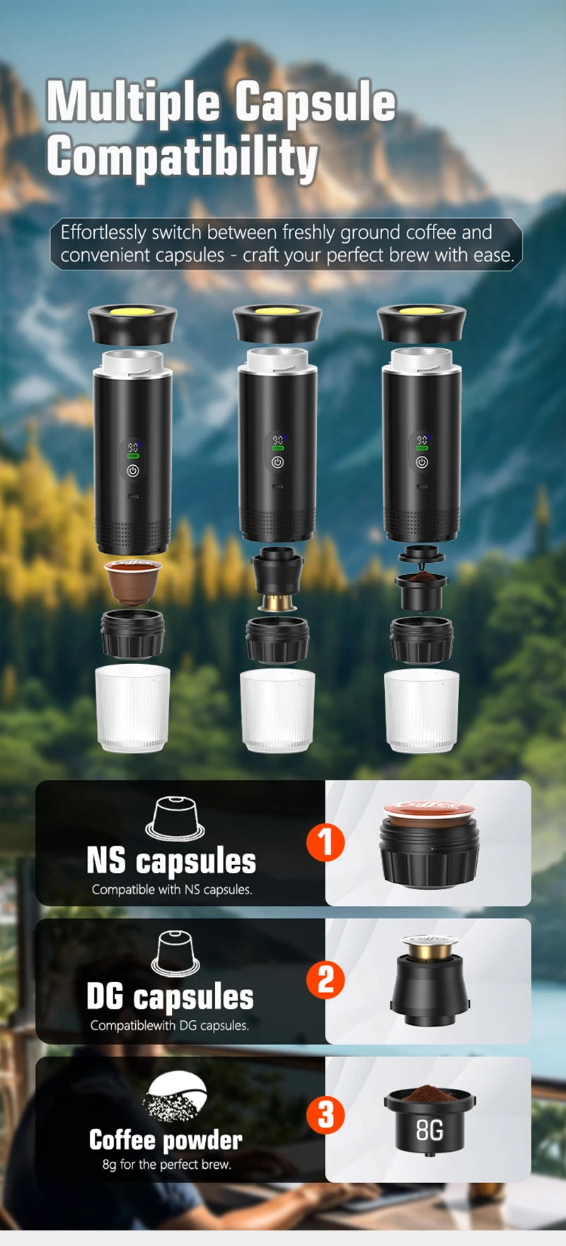 DENOKIN Portable Espresso Coffee Machine With Digital Display 3-in-1 Capsule Coffee Maker for Car & Home Camping Coffee Maker