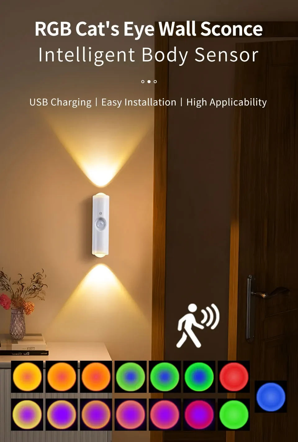 LED Motion Sensor Night Light RGB Colors Changing Wireless Wall Lamp Rechargeable Magnetic Sunset Lamp for Bedroom Living Room