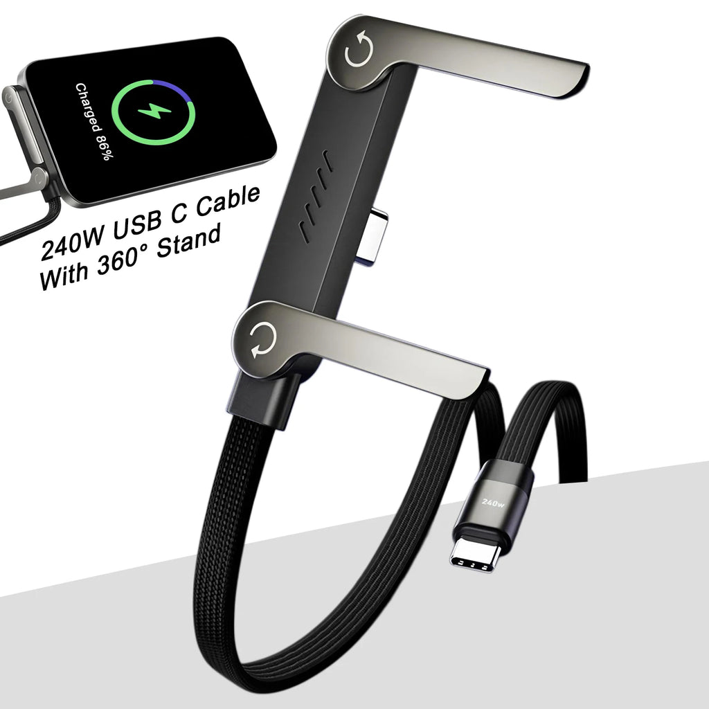 New 240w Cable Charger with Built-in Phone Stand 2-in-1 Fast Charging Cord Sideways Phone Charger for Smartphones Tablets