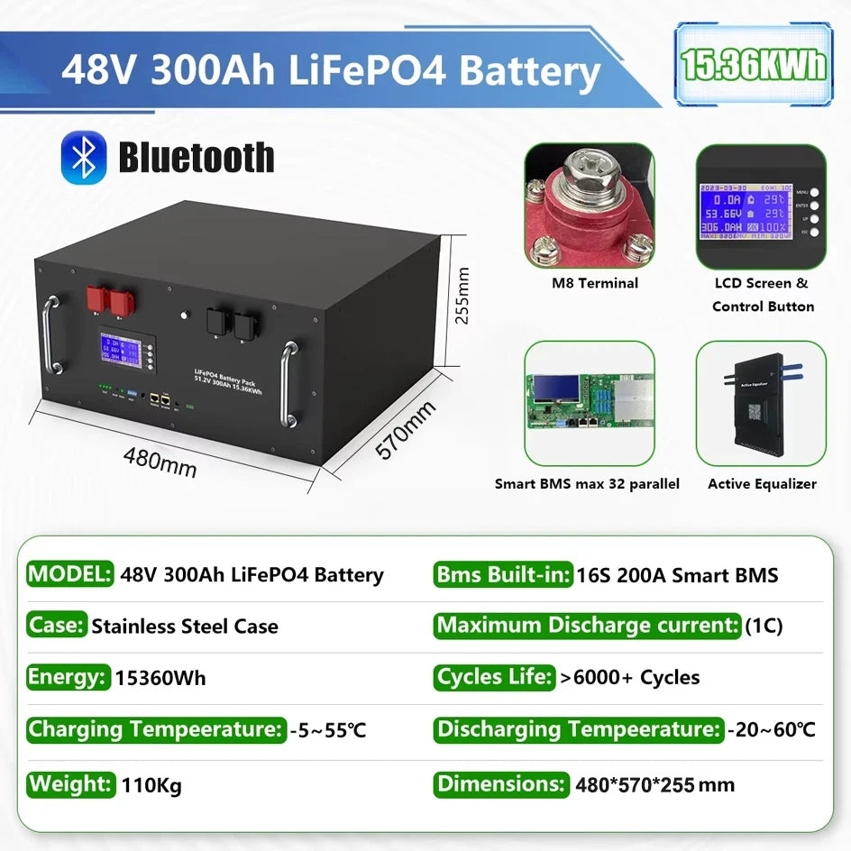 LiFePO4 Battery 48V 300Ah 15Kwh 6000+ Cycles Bluetooth BMS 100Ah 120Ah 150Ah 200Ah Home Solar Energy RV Lithium Battery EU STOCK