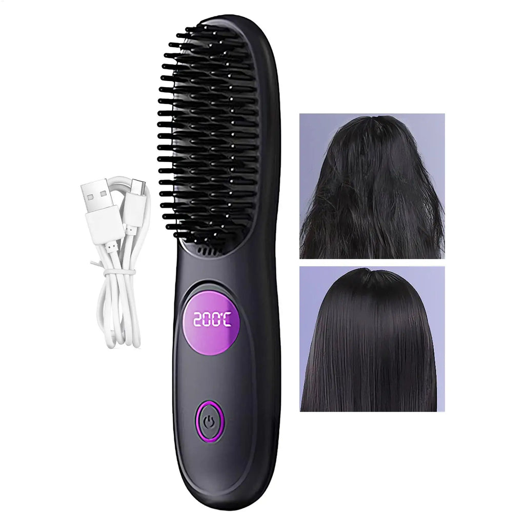 Hair Straightener Brush 3 Level Cordless USB Charging Straightener Portable Mini Straightening Brush for Home Travel