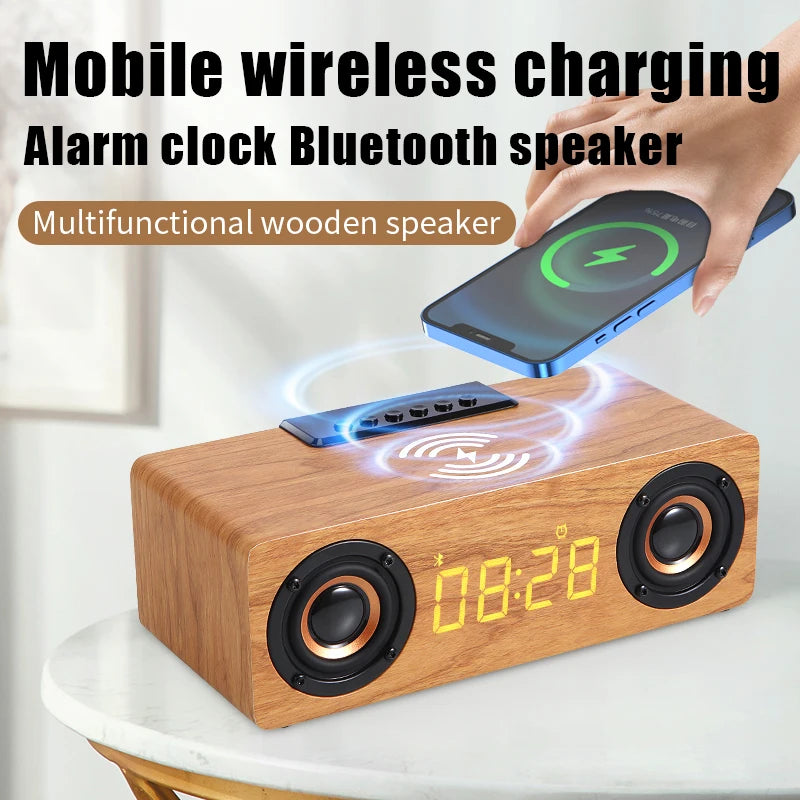 Fast Wireless Charger Wooden Wireless Bluetooth Speaker Alarm Clock with Subwoofer 3D Stereo Boombox Sound Bar for Computer TV