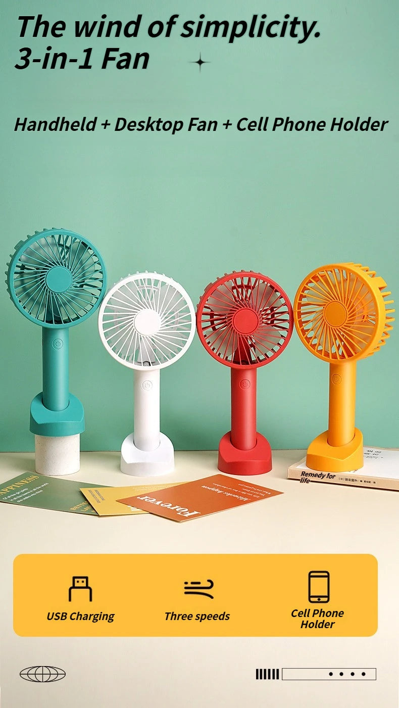 Multi-Purpose USB Desk Fan - 3-in-1 Portable Rechargeable Handheld Fan for Office, Home, Dorm Rooms & Outdoor Activities