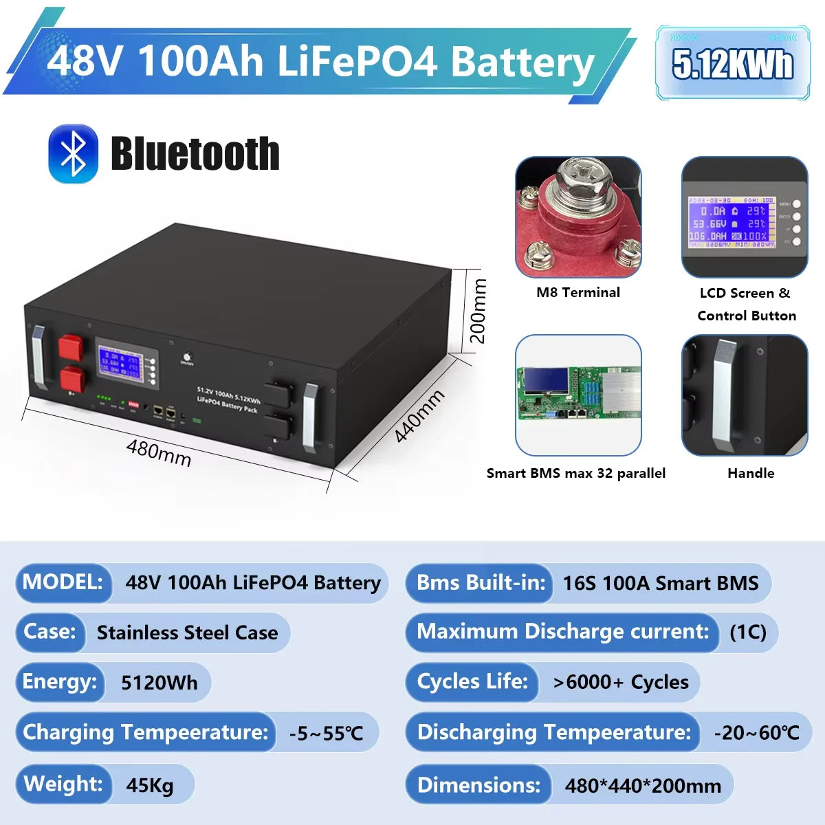 LiFePO4 Battery 48V 300Ah 15Kwh 6000+ Cycles Bluetooth BMS 100Ah 120Ah 150Ah 200Ah Home Solar Energy RV Lithium Battery EU STOCK