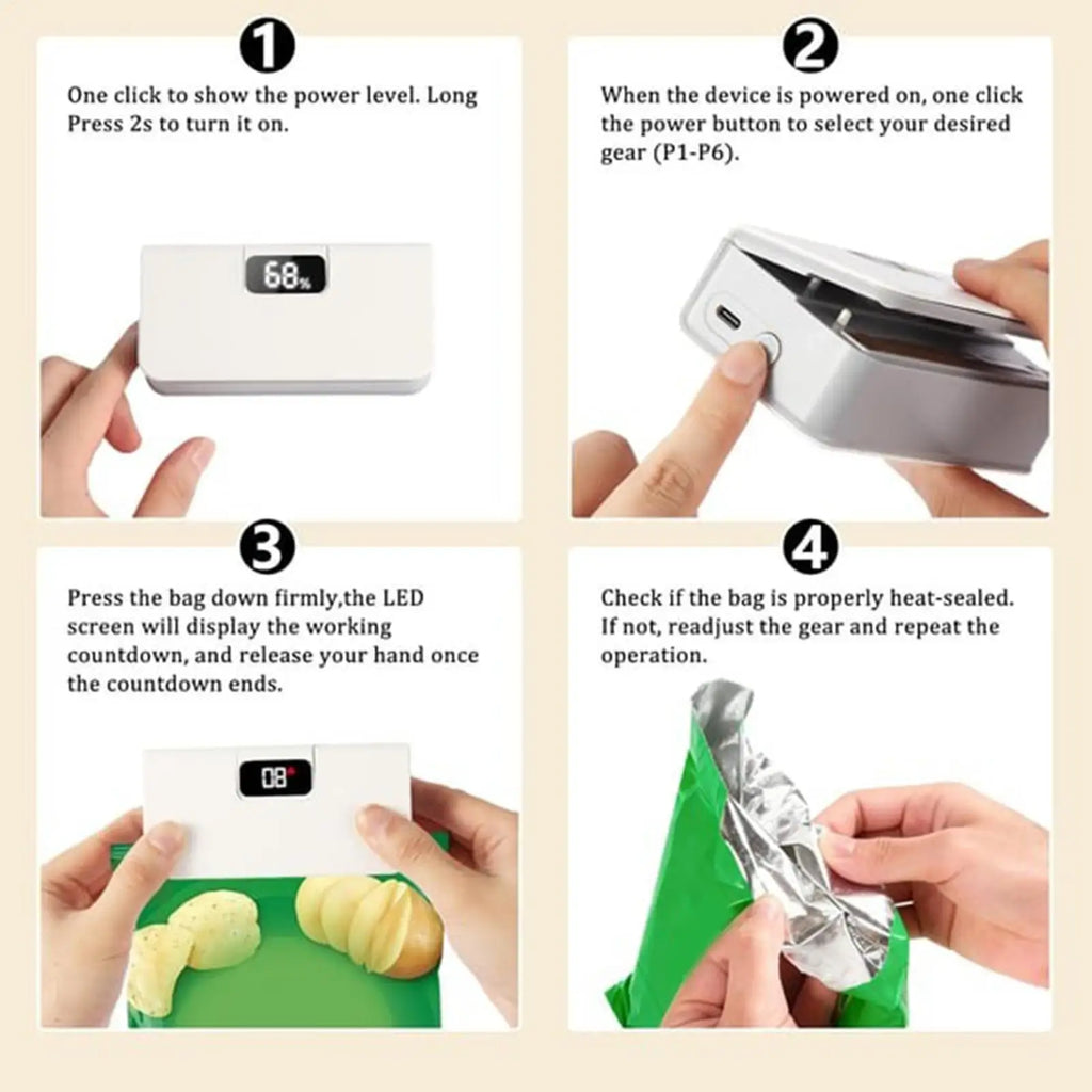 Mini Sealer 6-Mode Rechargeable Magnetic Heat Sealer with Cutter Electric Handheld Bag Sealing Machine for Home Kitchen Packagin
