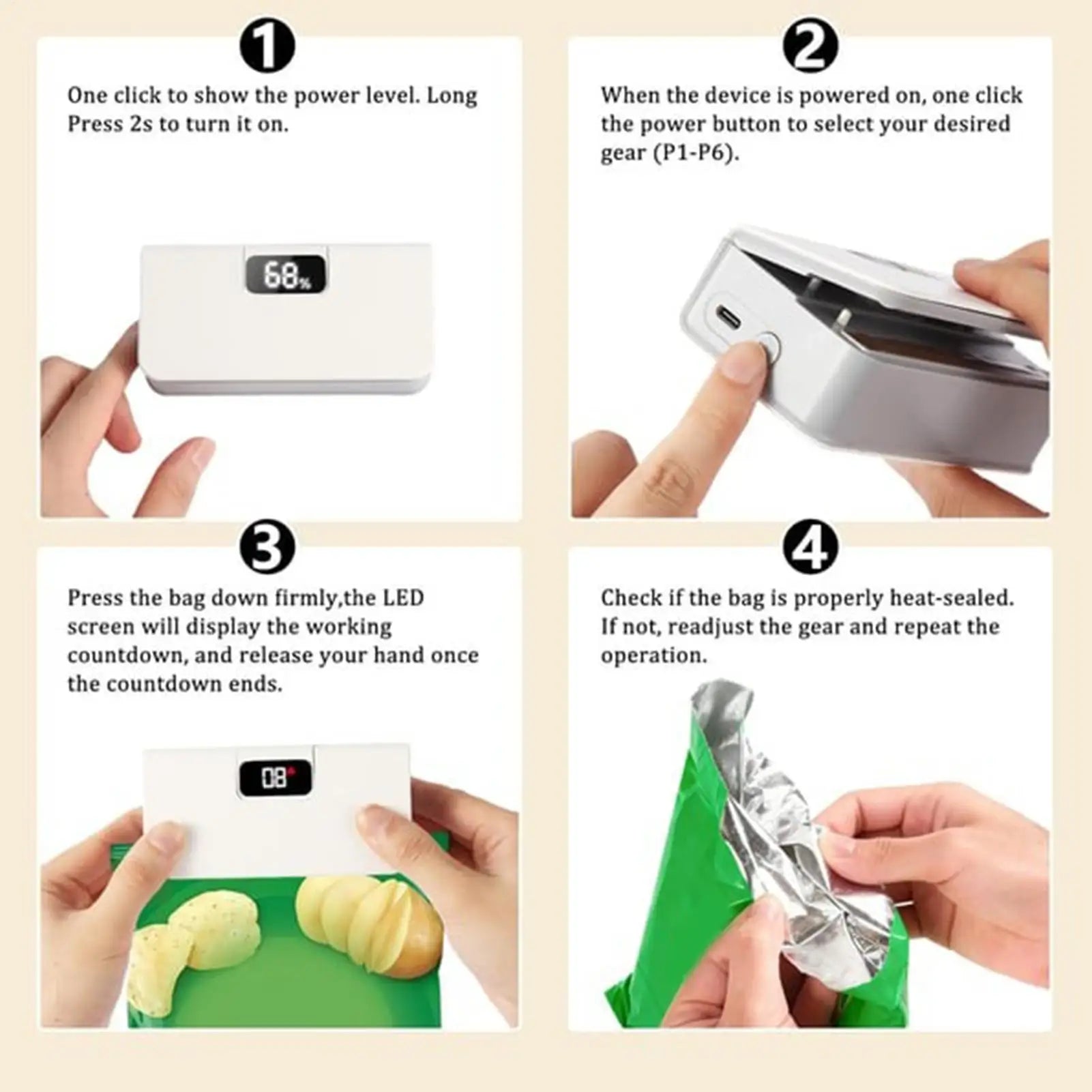 Mini Sealer 6-Mode Rechargeable Magnetic Heat Sealer with Cutter Electric Handheld Bag Sealing Machine for Home Kitchen Packagin