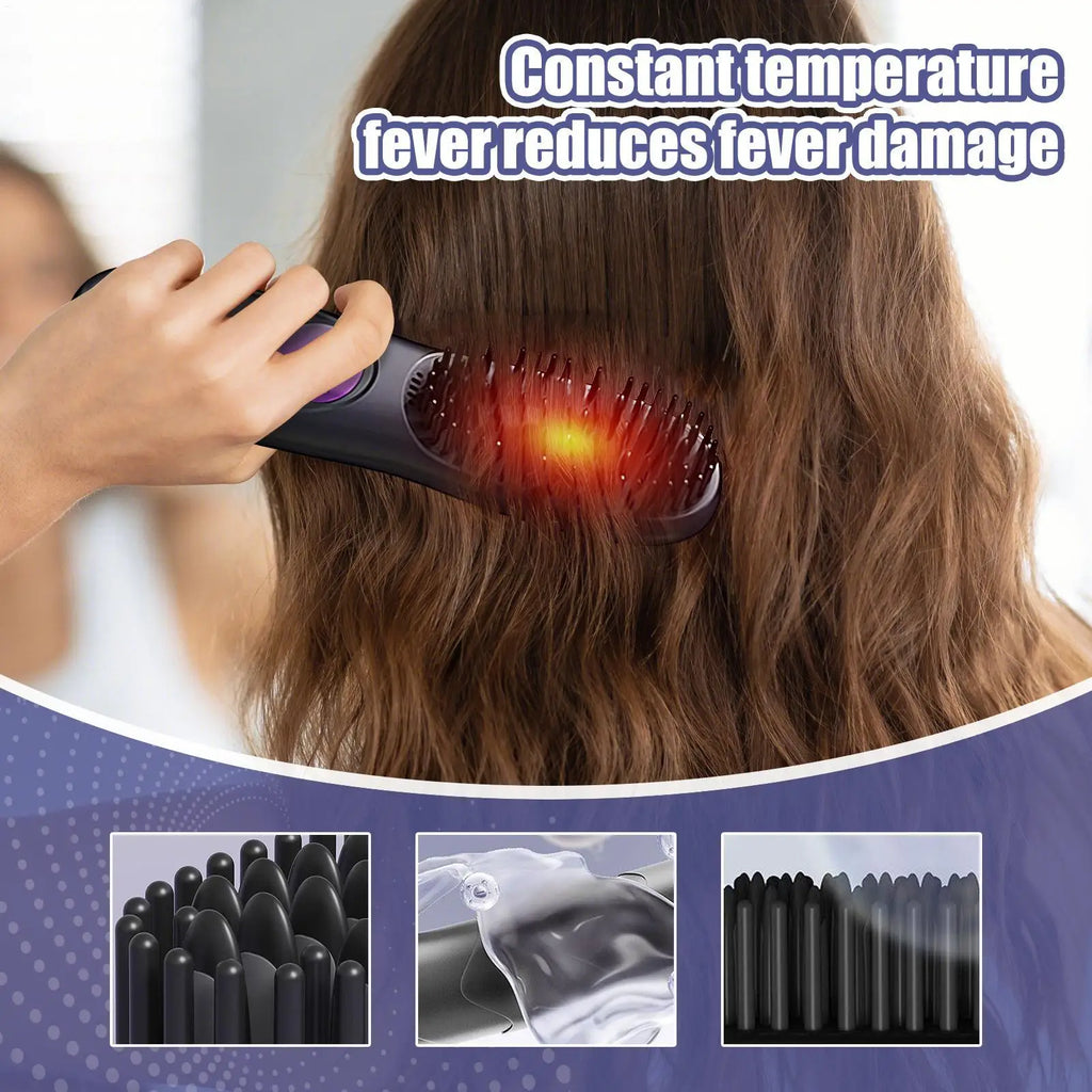Hair Straightener Brush 3 Level Cordless USB Charging Straightener Portable Mini Straightening Brush for Home Travel
