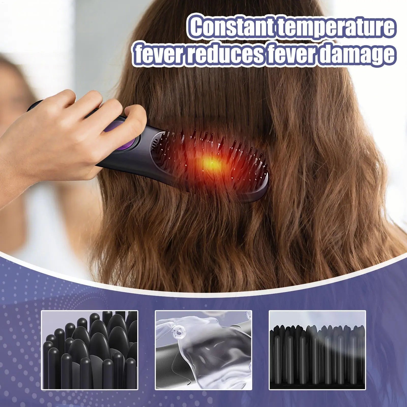 Hair Straightener Brush 3 Level Cordless USB Charging Straightener Portable Mini Straightening Brush for Home Travel