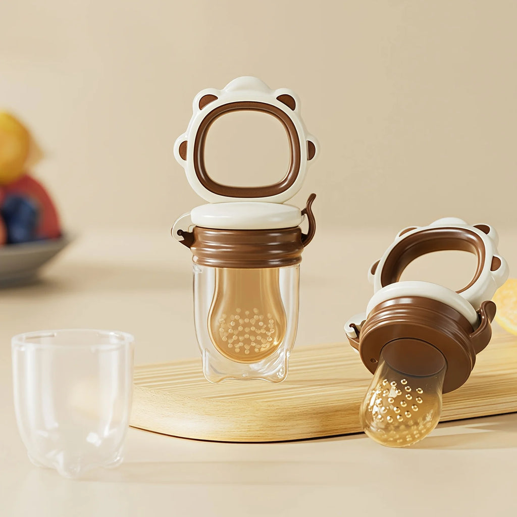 4-Piece Set, Silicone Baby Fruit Feeder, Rotating Push-Type Complementary Food Feeder, with Teething Handle and 3 Extra Mesh Bags