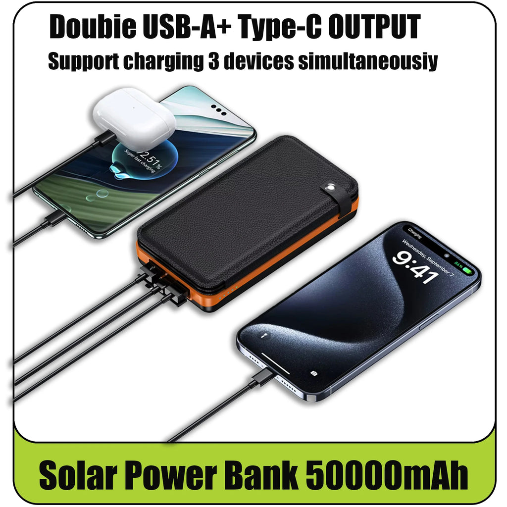 Solar Power Bank 50000mAH Folding Solar Panels 5V 2A USB Output Portable Outdoor Camping Sun Power For IPhone Android